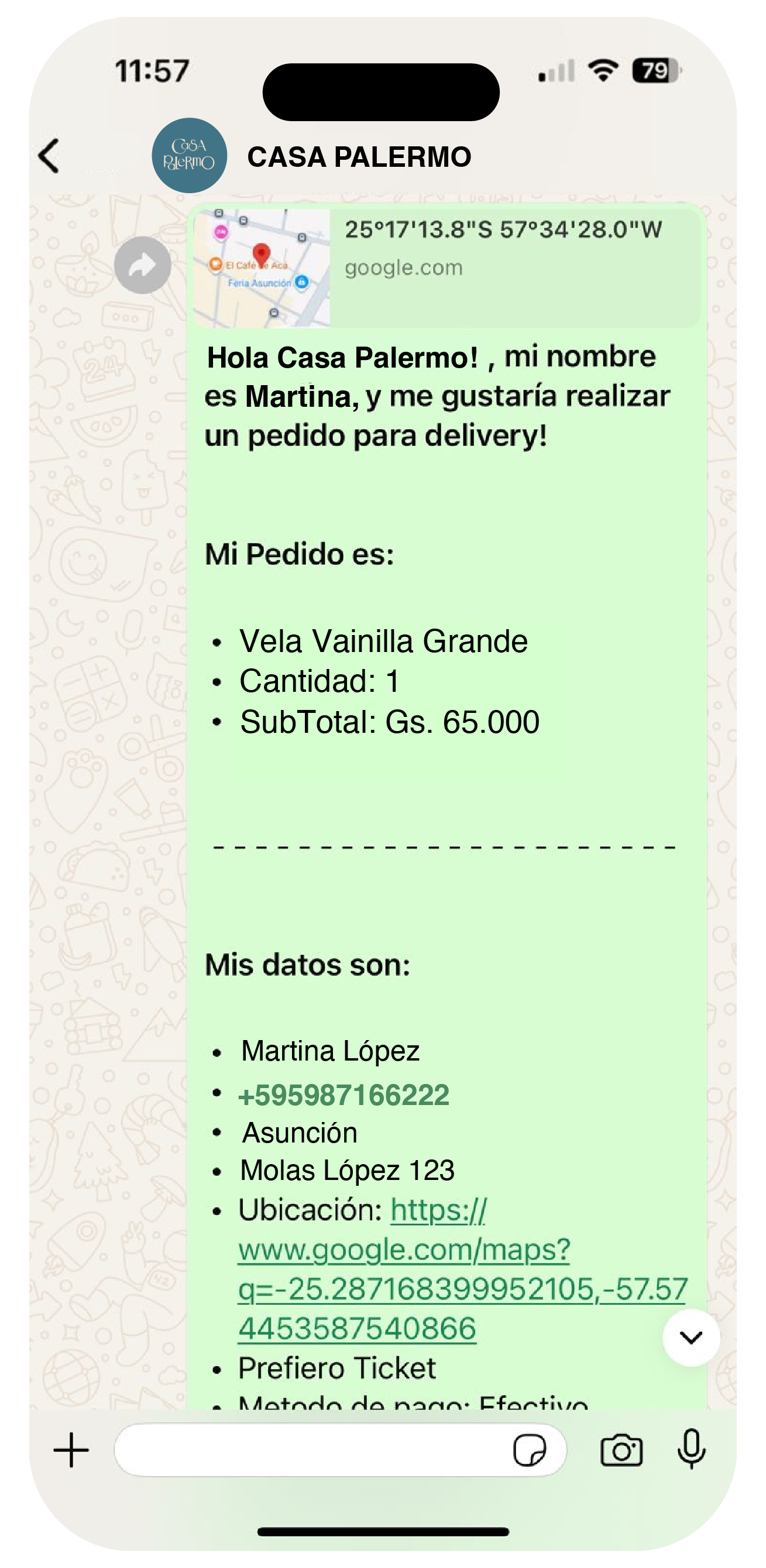 Paso 3: Pedido enviado por WhatsApp con ubicación